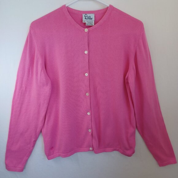 Lilly Pulitzer Cardigan Pink Button Front Classic Embroidered Palm Tree Size Med - Picture 10 of 10